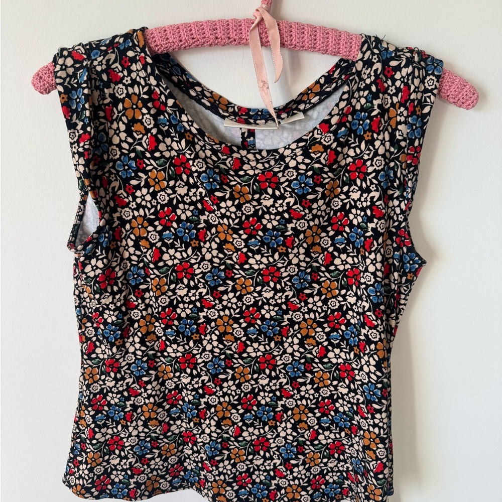 Anthropologie Floral Tank Top - Black with Red, Blue & Tan Flowers